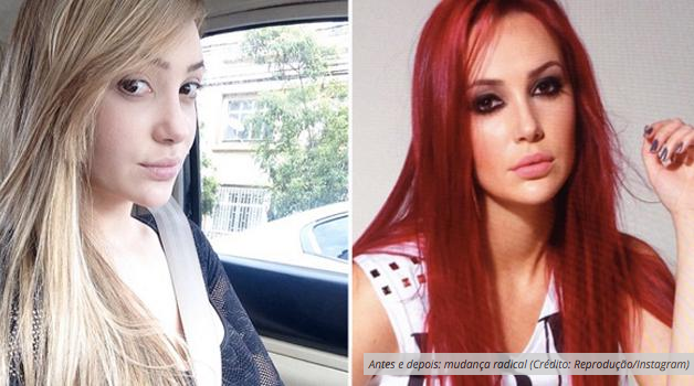 Josie Pessoa antes e depois de pintar os cabelos de vermelho.
